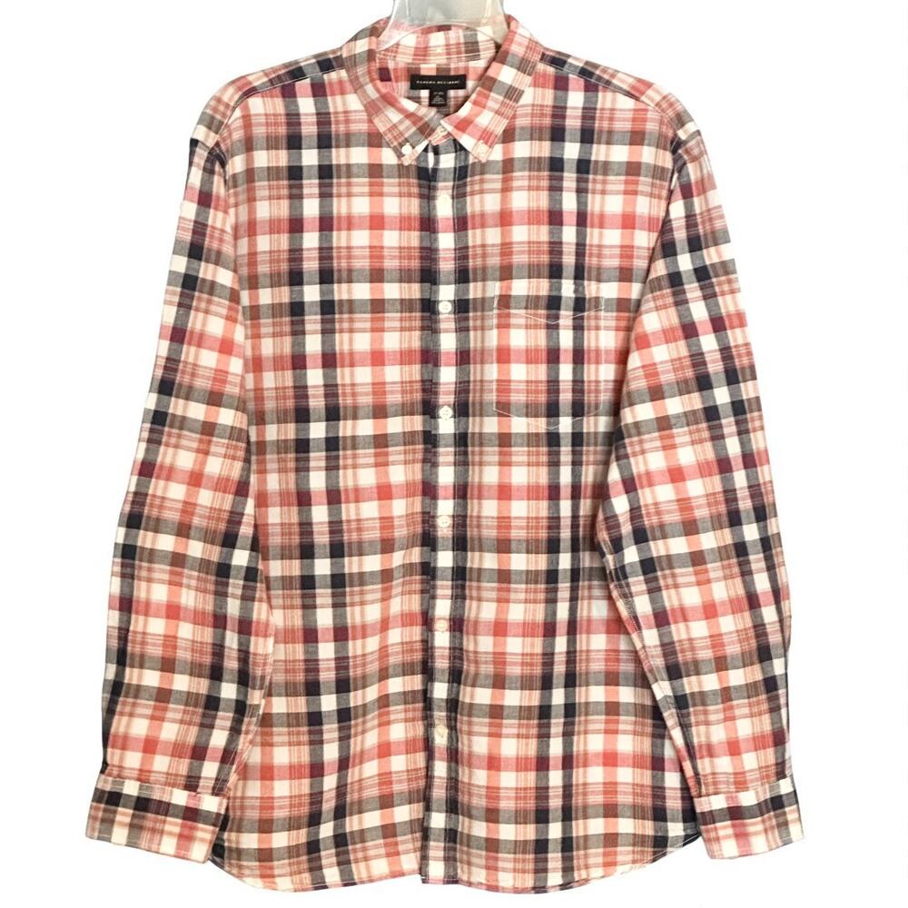 Banana Republic Button Down Shirt XL Orange Blue Plaid Linen Cotton Long Sleeve